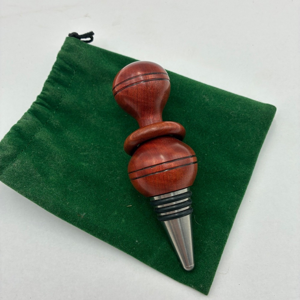 Handcrafted Wood Wine Bottle Stopper with Captive Ring and Stainless Steel Base